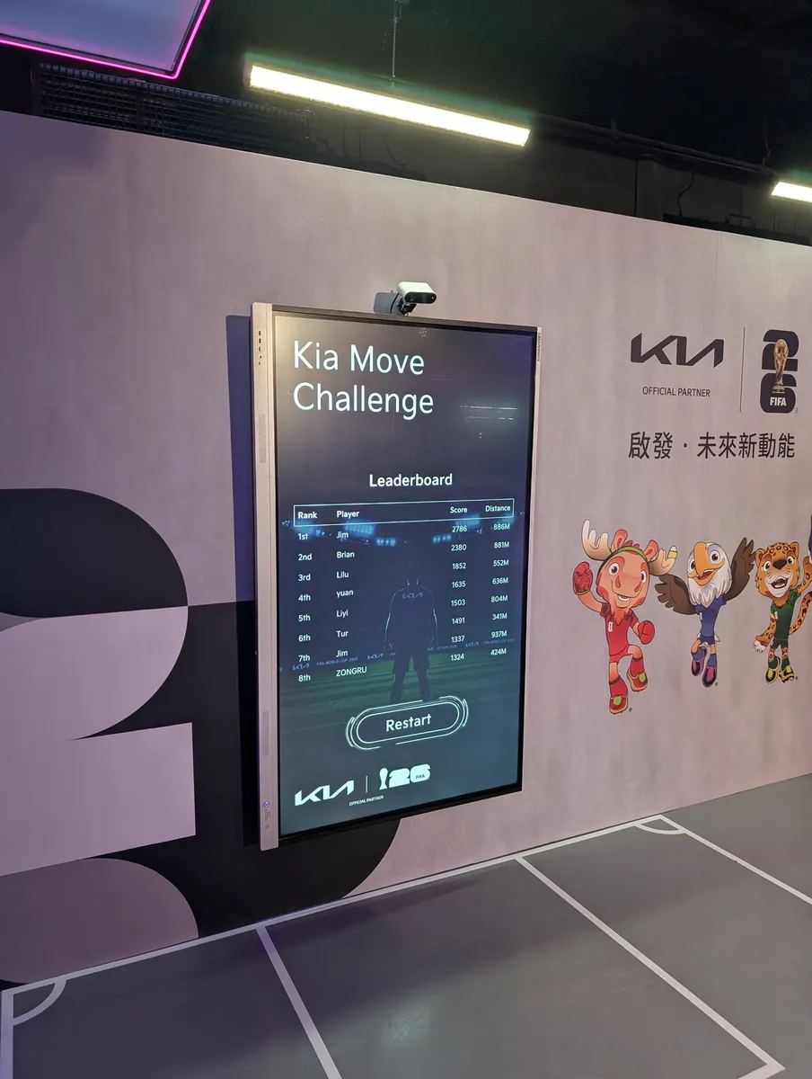 The Kia Move Challenge leaderboard on the wall-mounted screen